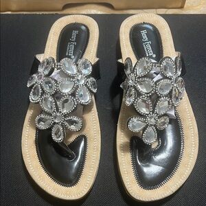 Henry Ferrera Zita-Beach Black Jeweled Floral T-Strap Sandals size 9